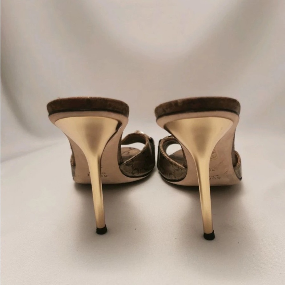 GUCCI Crystal Horsebit GG Heeled Monogram Gold Stiletto Mules size 8 & dust bag - Picture 10 of 17